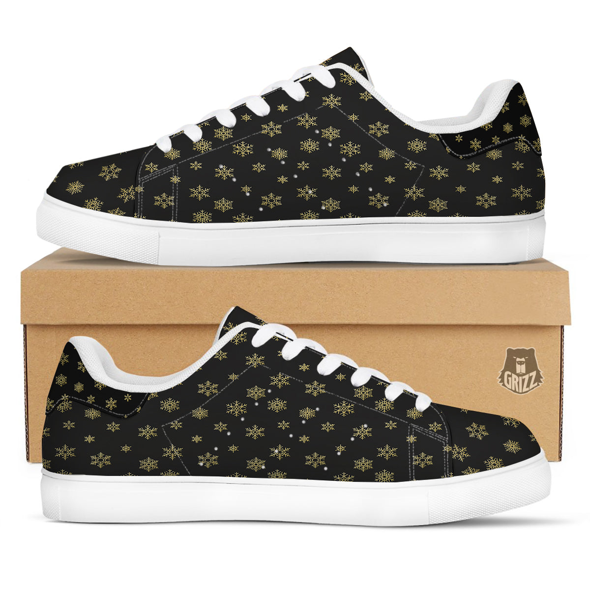 Snowflake Gold And Black Print Pattern White Low Top Sneakers-grizzshop