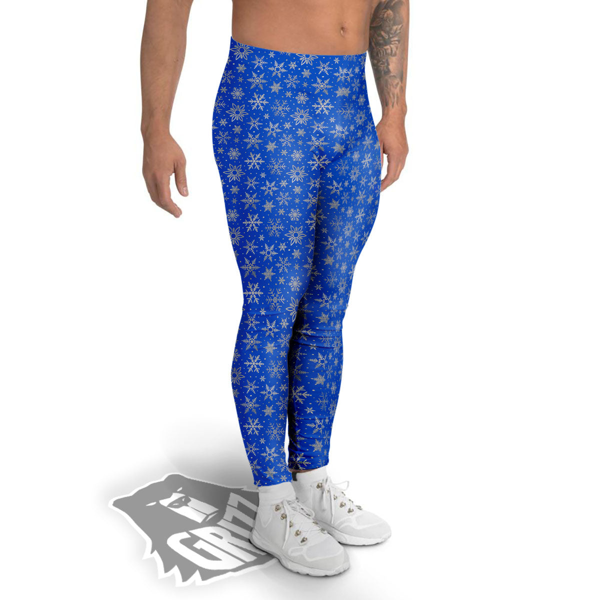 Snowflake Silver And Blue Print Pattern Men's Leggings-grizzshop