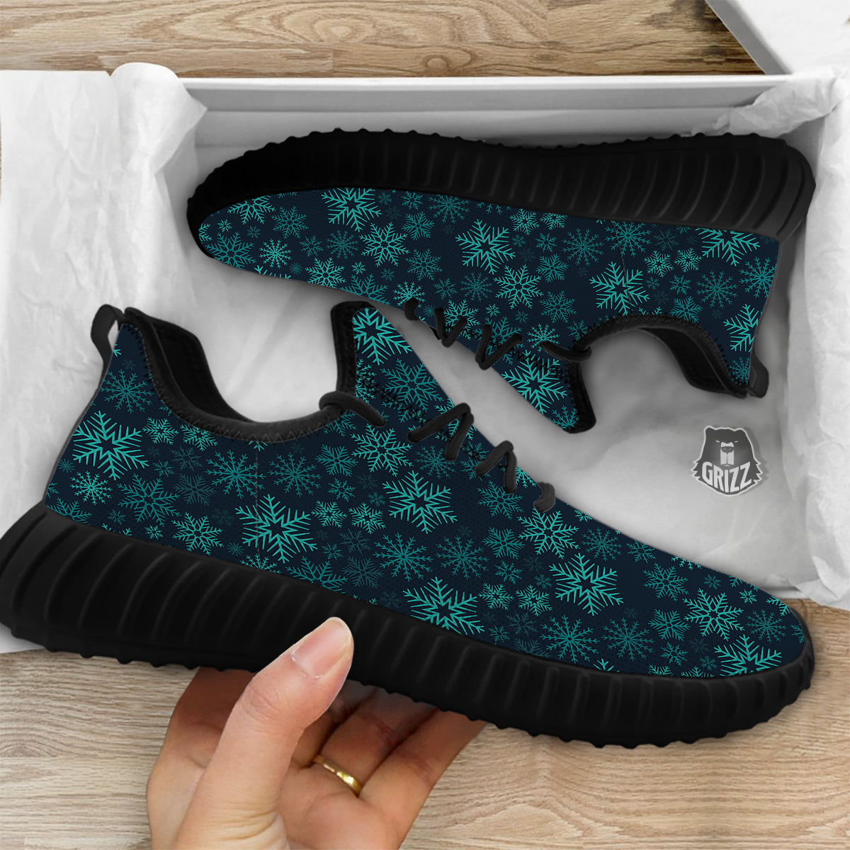Snowflake Turquoise Print Pattern Black Walking Shoes-grizzshop