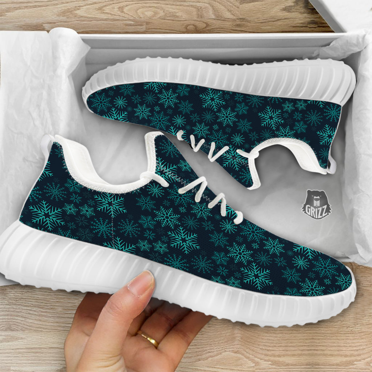 Snowflake Turquoise Print Pattern White Walking Shoes-grizzshop