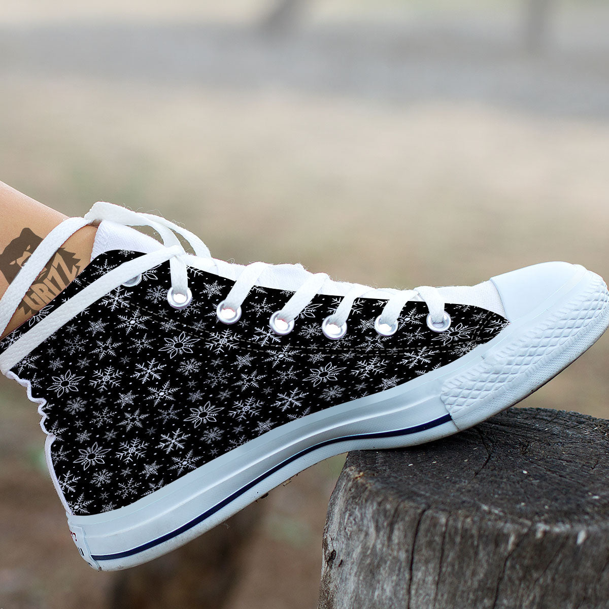 Snowflake White And Black Print Pattern White High Top Shoes-grizzshop