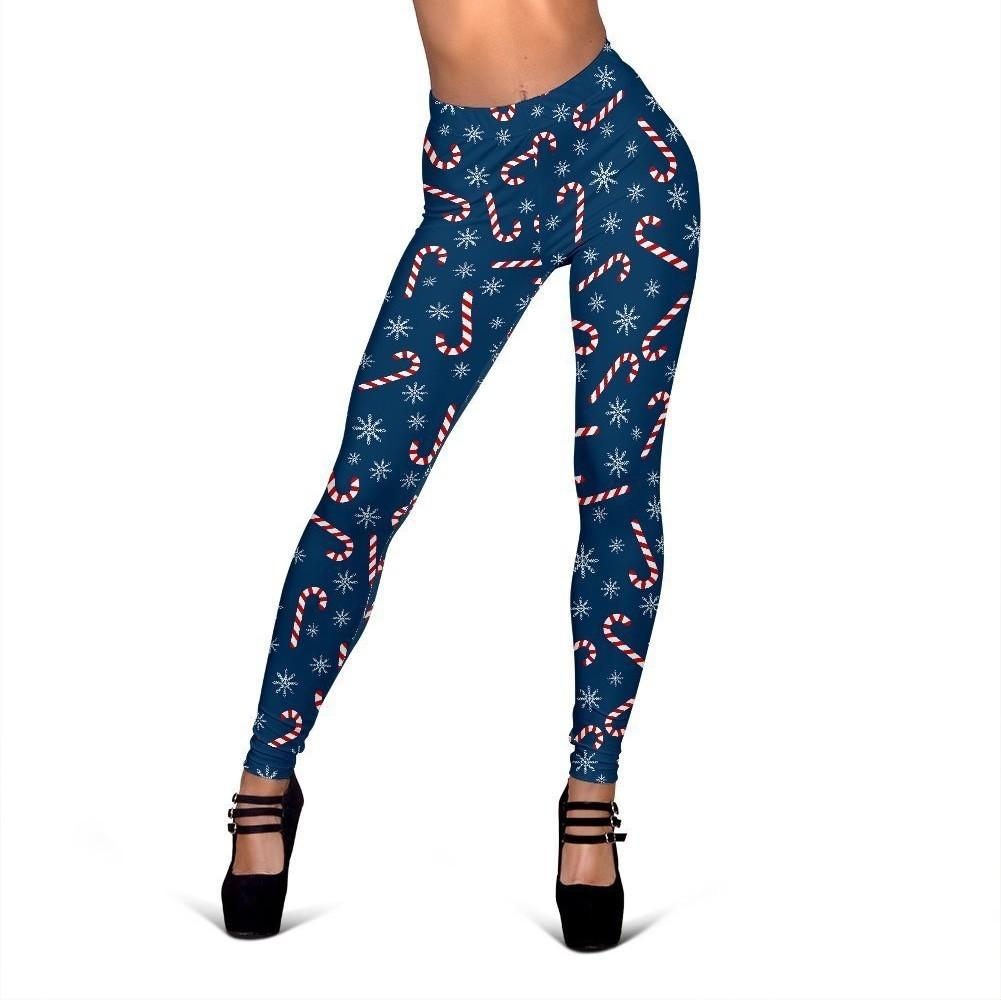 Snowflake Candy Cane Pattern Print Women Leggings-grizzshop