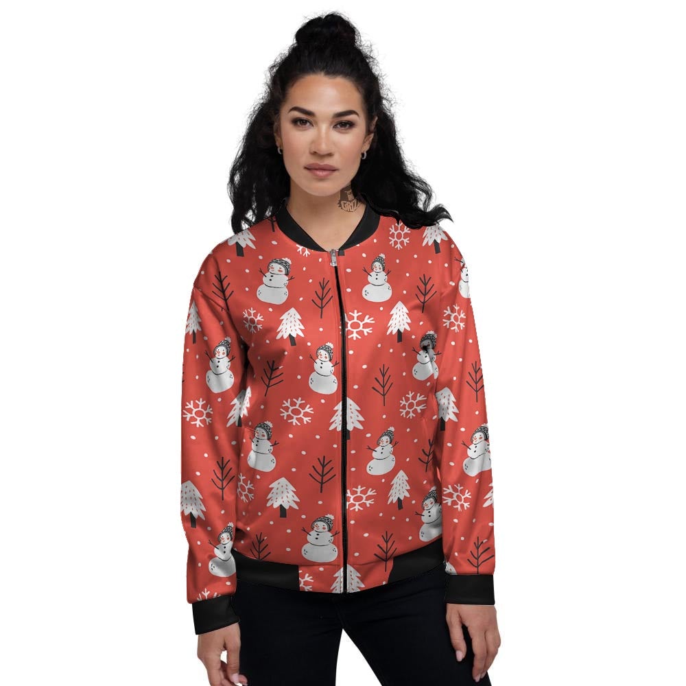 Snowman Red Print Pattern Women's Bomber Jacket-grizzshop