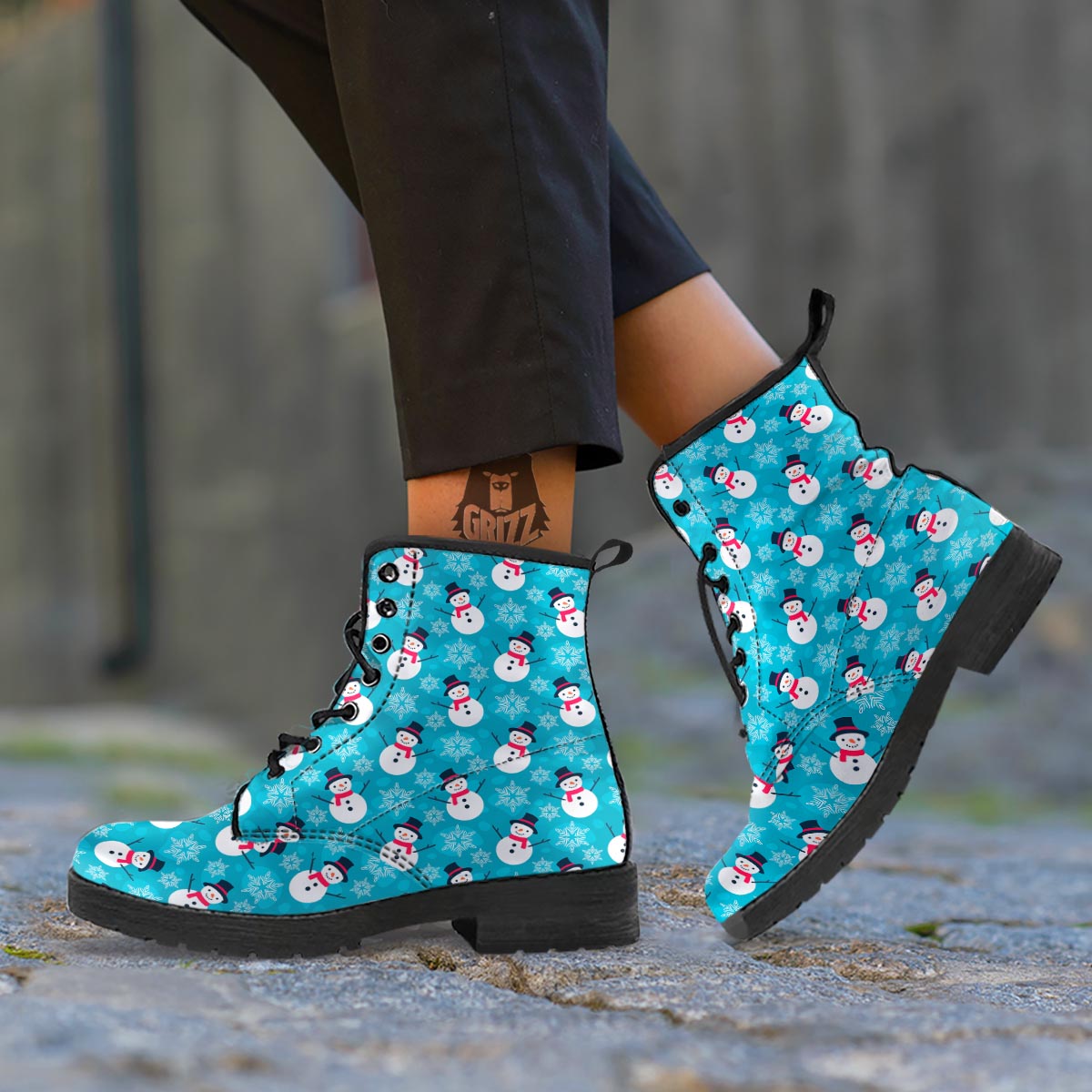 Snowman Teal Print Pattern Leather Boots-grizzshop