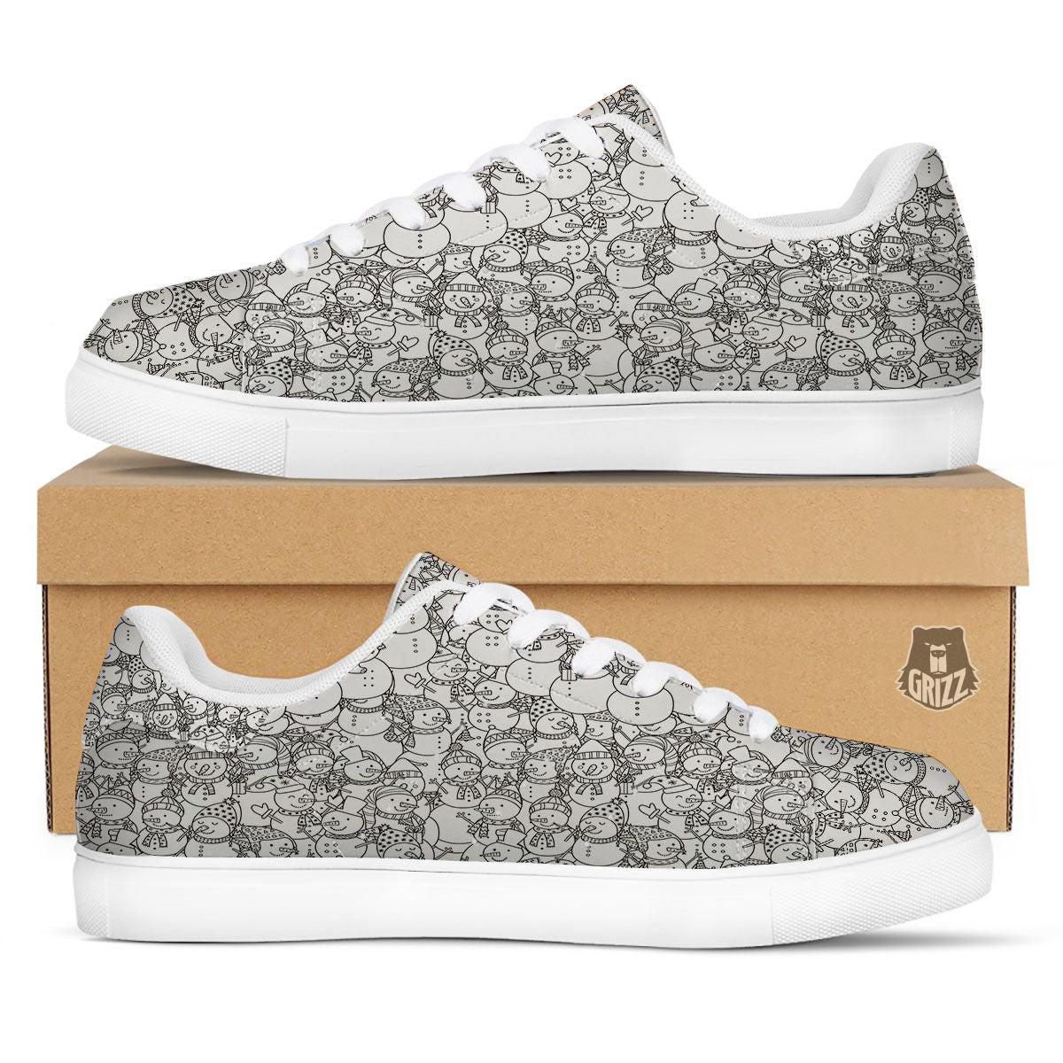 Snowman White And Black Print Pattern White Low Top Sneakers-grizzshop