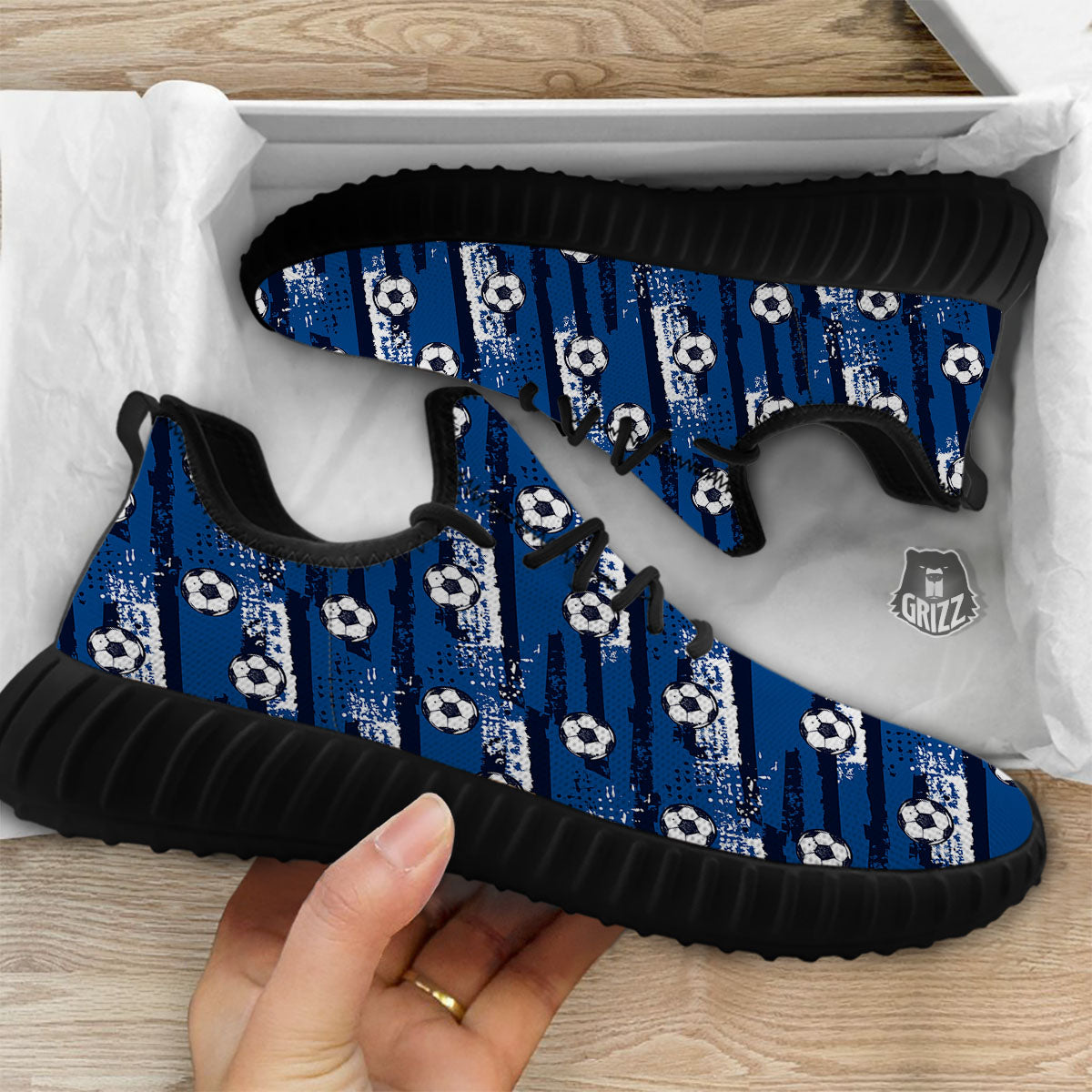 Soccer Ball Blue Print Pattern Black Walking Shoes-grizzshop