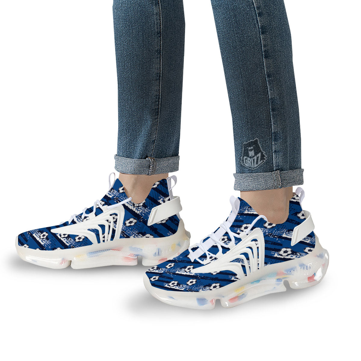 Soccer Ball Blue Print Pattern White Gym Shoes-grizzshop