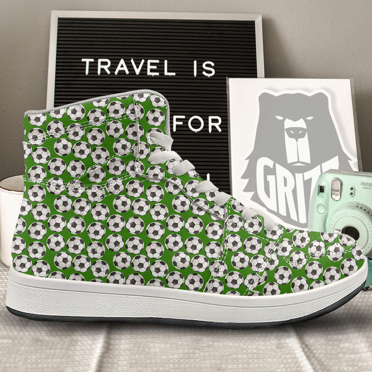 Soccer Ball Green Print Pattern High Top Sneakers-grizzshop