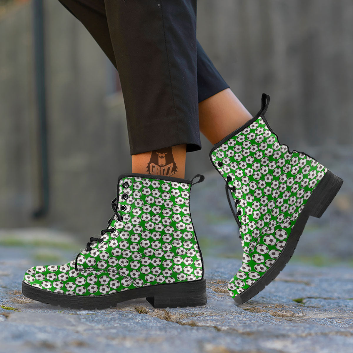 Soccer Ball Green Print Pattern Leather Boots-grizzshop