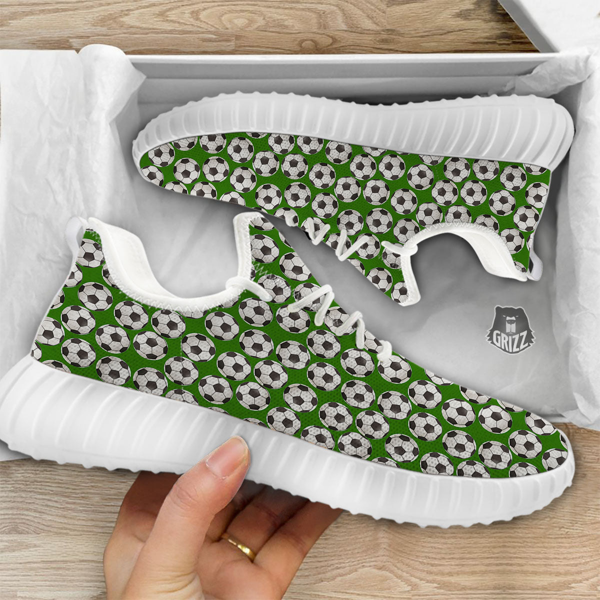 Soccer Ball Green Print Pattern White Walking Shoes-grizzshop
