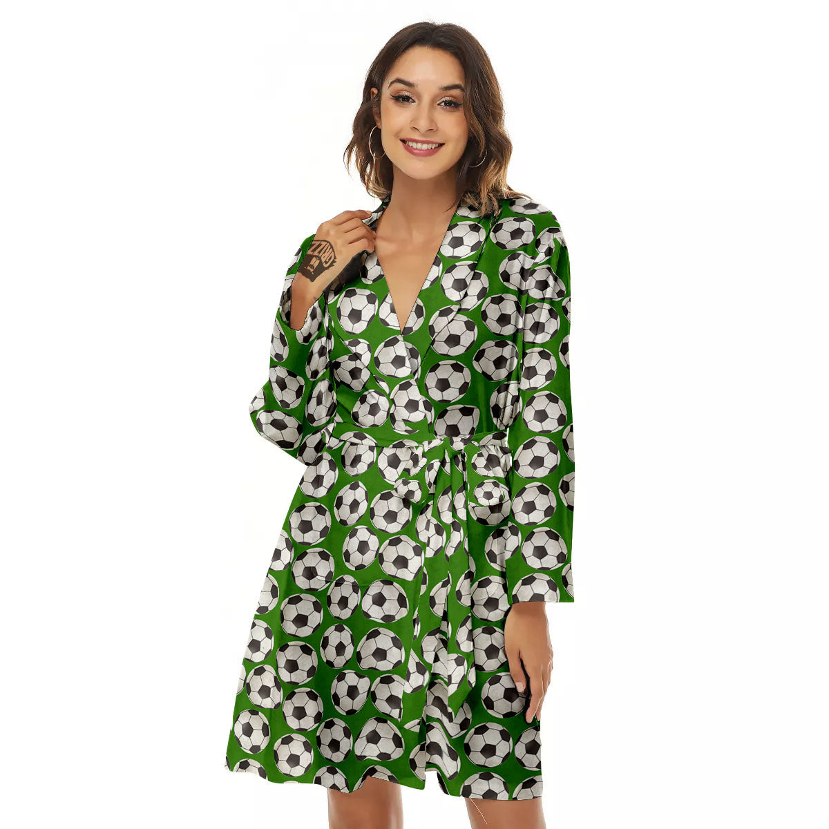 Soccer Ball Green Print Pattern Women's Robe-grizzshop