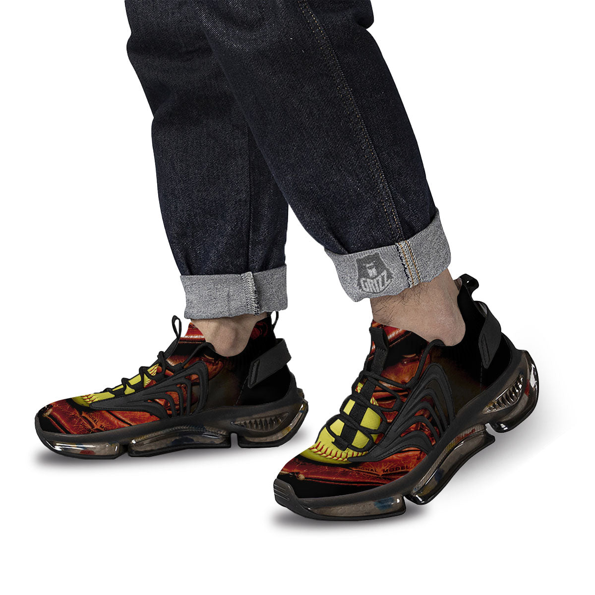 Softball Yellow Print Black Gym Shoes-grizzshop
