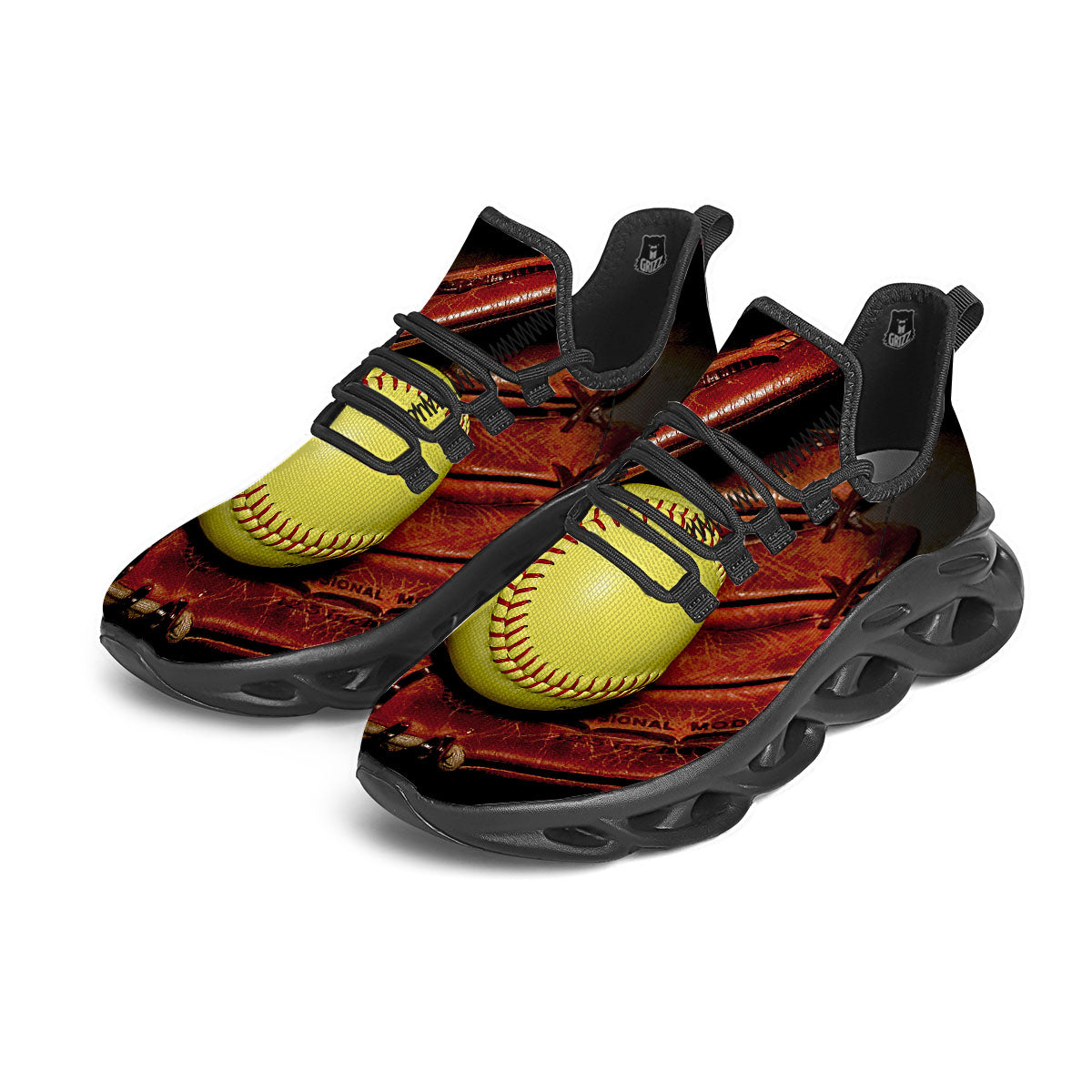 Softball Yellow Print Black Running Shoes-grizzshop