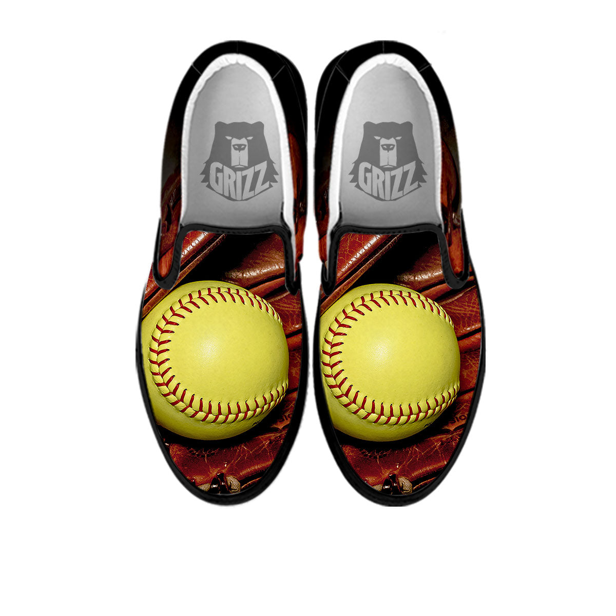 Softball Yellow Print Black Slip On Shoes-grizzshop