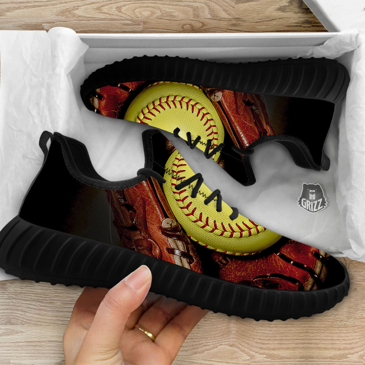 Softball Yellow Print Black Walking Shoes-grizzshop