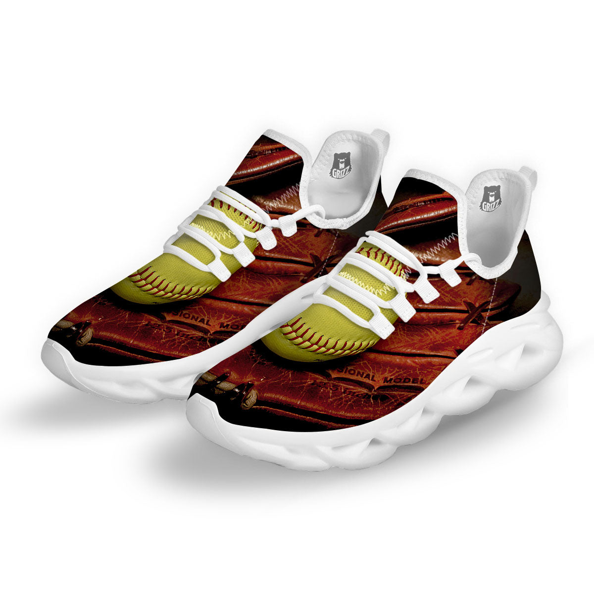 Softball Yellow Print White Running Shoes-grizzshop