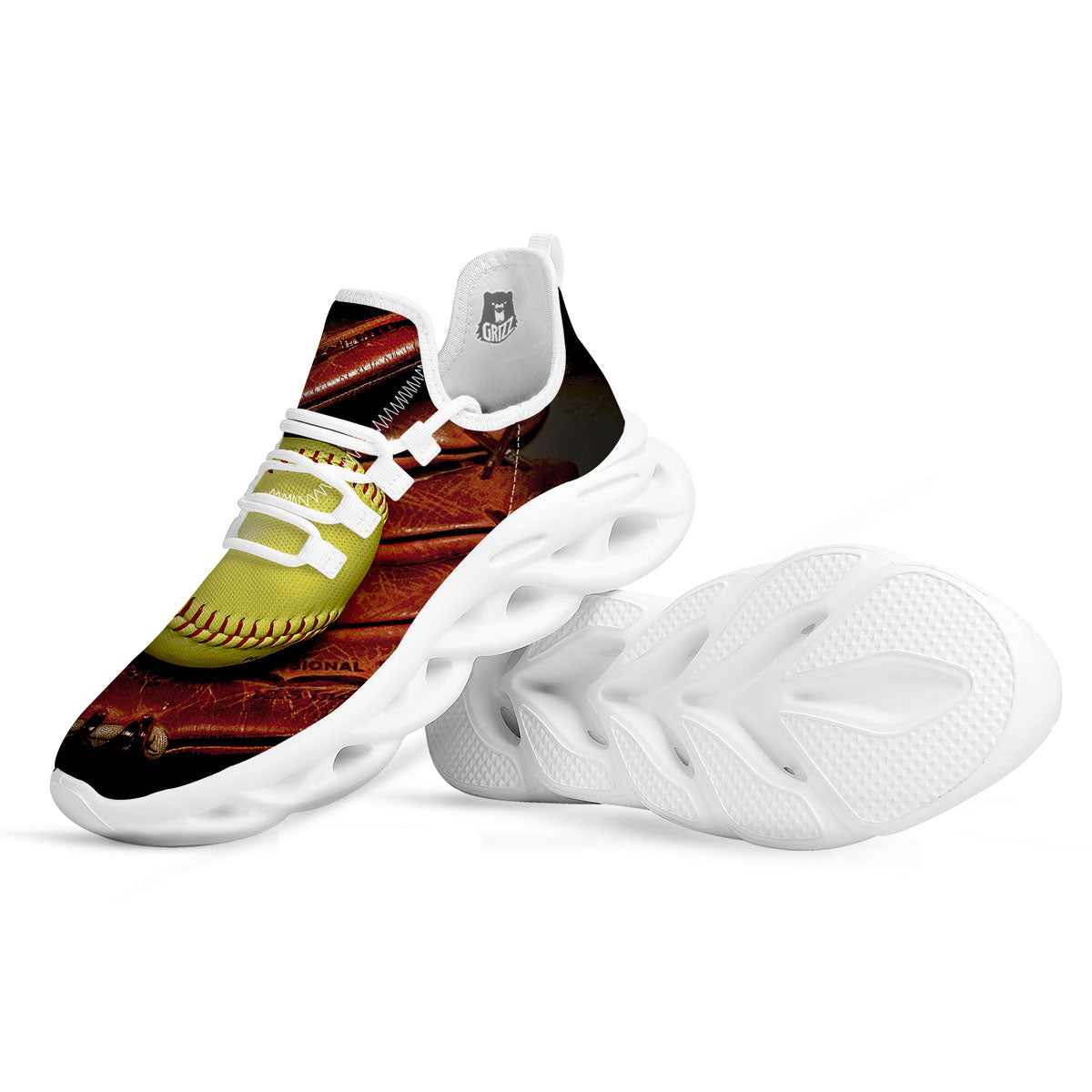 Softball Yellow Print White Running Shoes-grizzshop