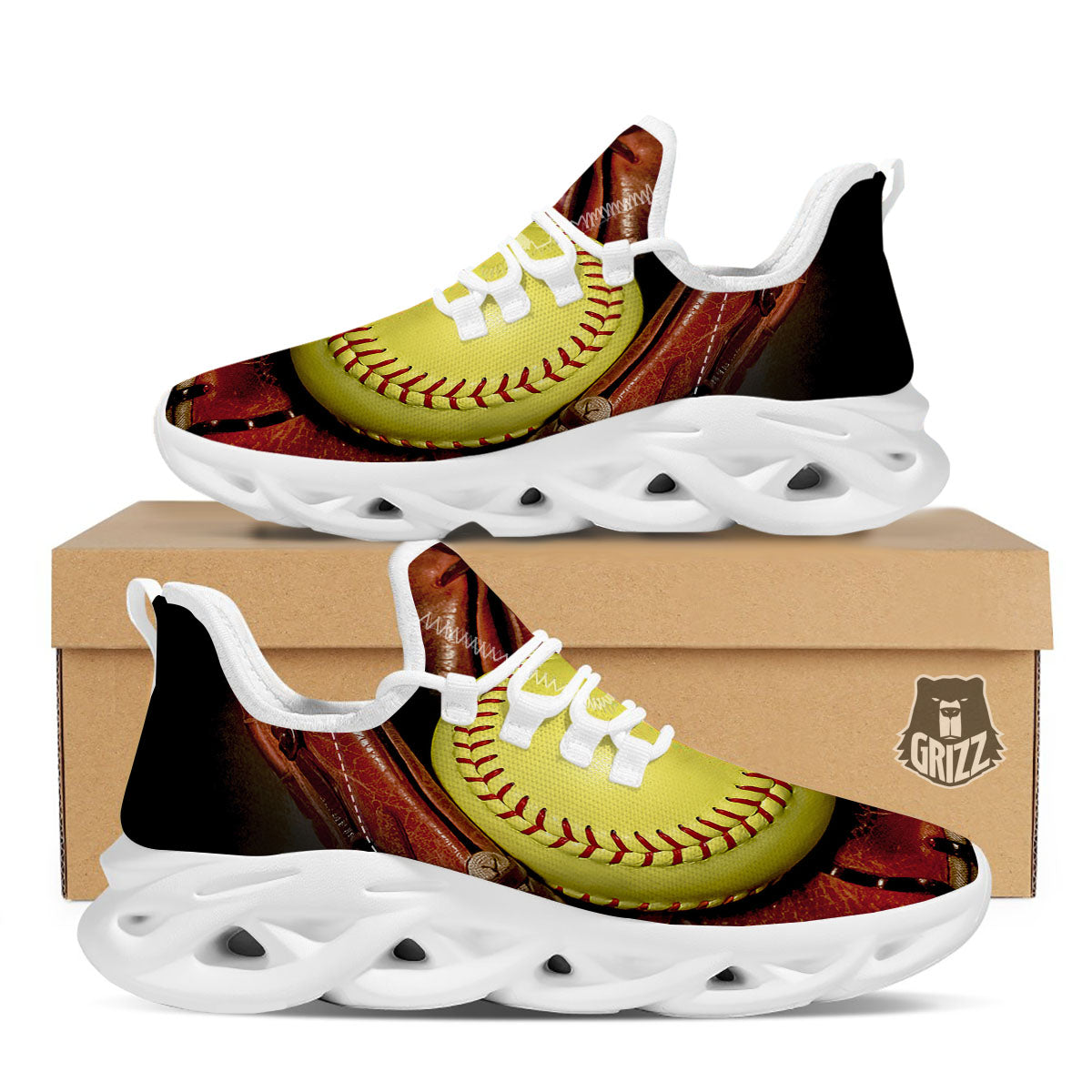 Softball Yellow Print White Running Shoes-grizzshop