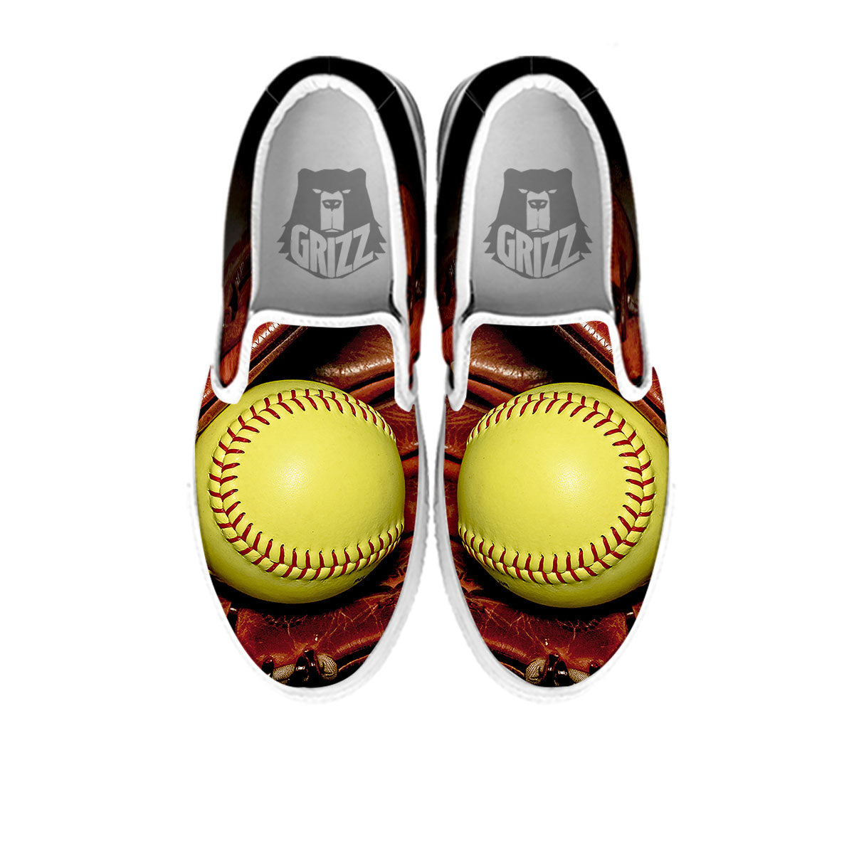 Softball Yellow Print White Slip On Shoes-grizzshop