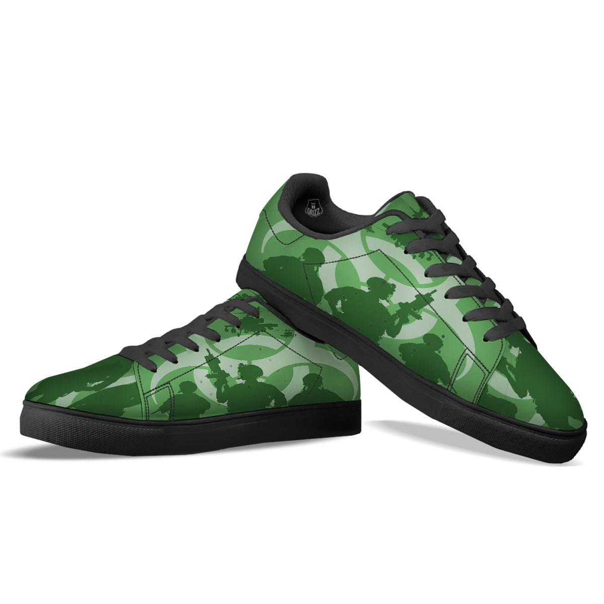 Soldiers And Biohazard Print Black Low Top Sneakers-grizzshop