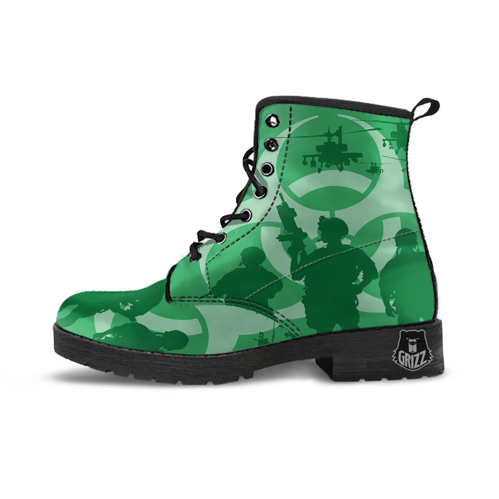 Soldiers And Biohazard Print Leather Boots-grizzshop