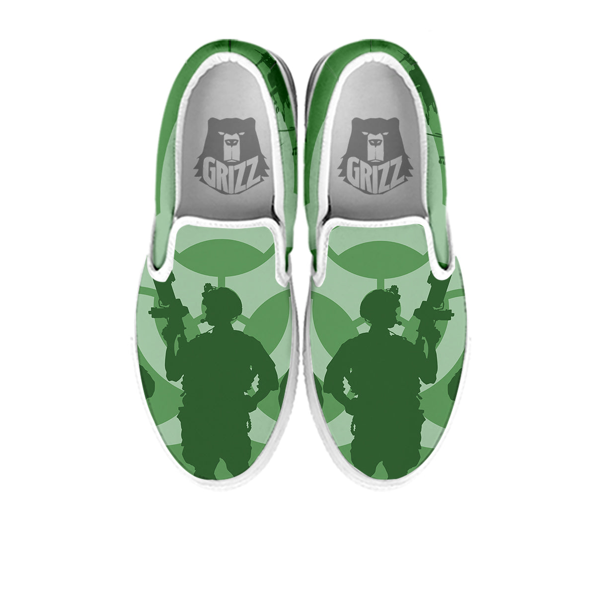 Soldiers And Biohazard Print White Slip On Shoes-grizzshop