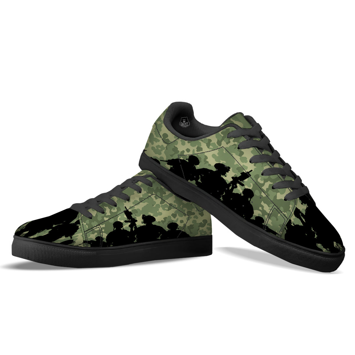 Soldiers And Camouflage Print Black Low Top Sneakers-grizzshop