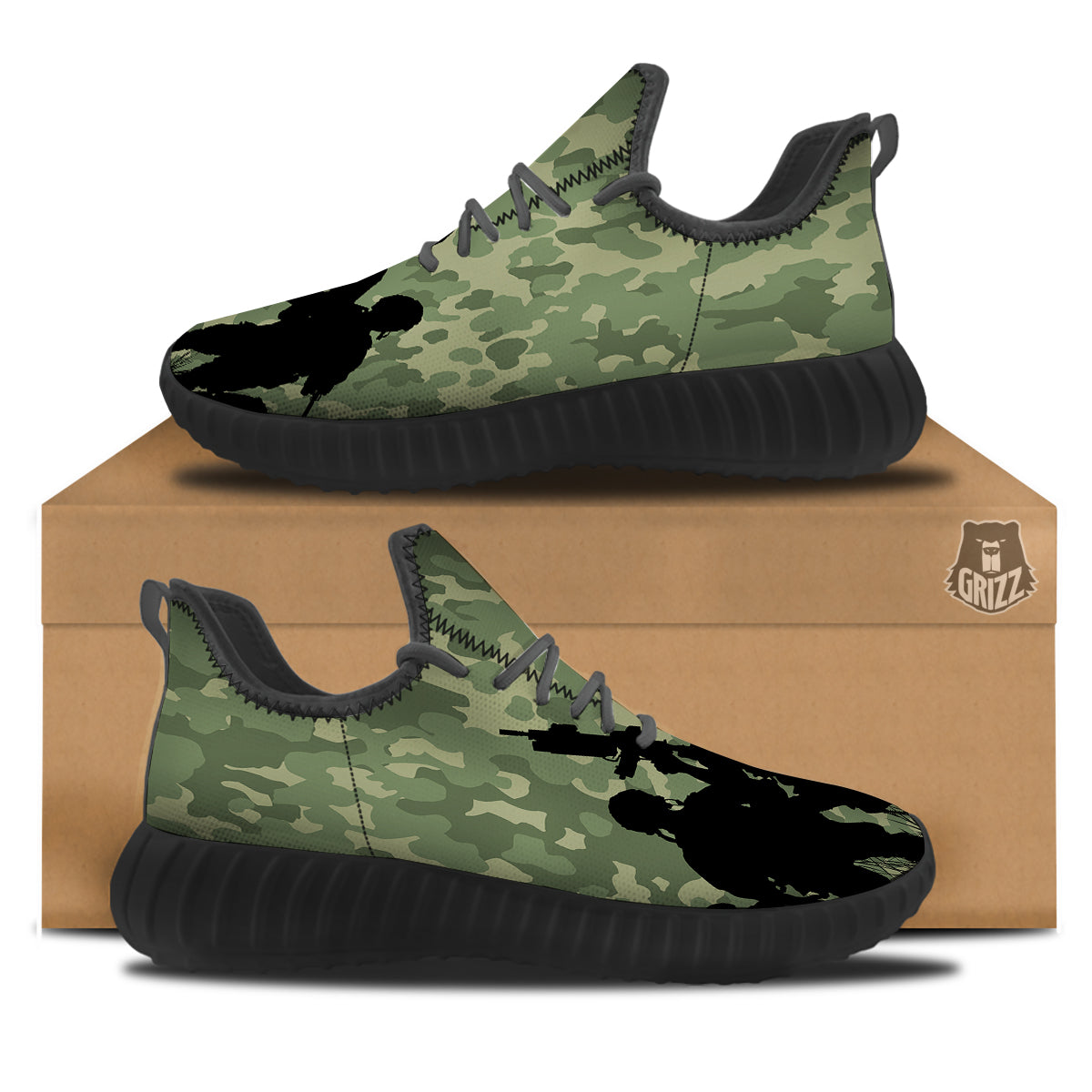 Soldiers And Camouflage Print Black Walking Shoes-grizzshop