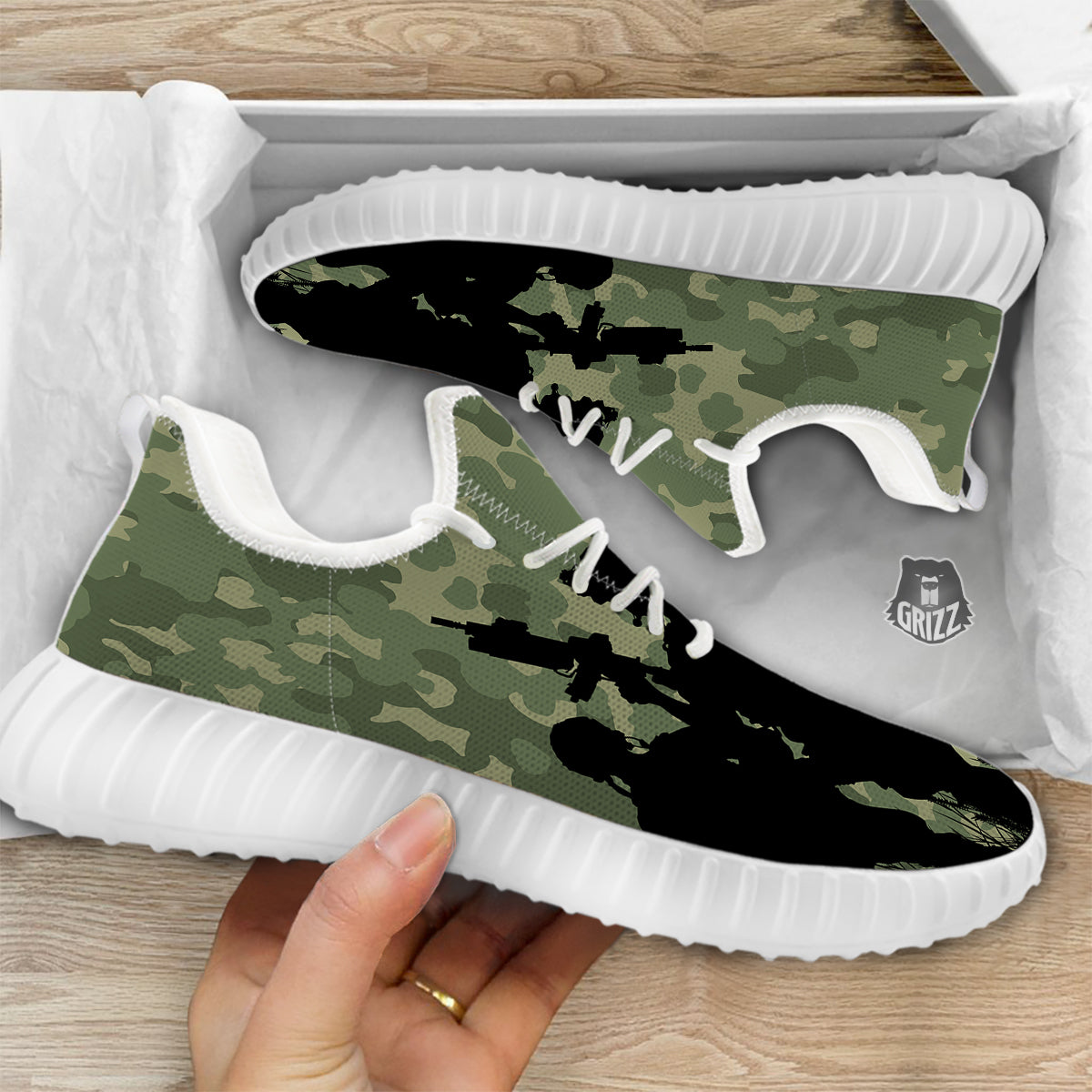 Soldiers And Camouflage Print White Walking Shoes-grizzshop