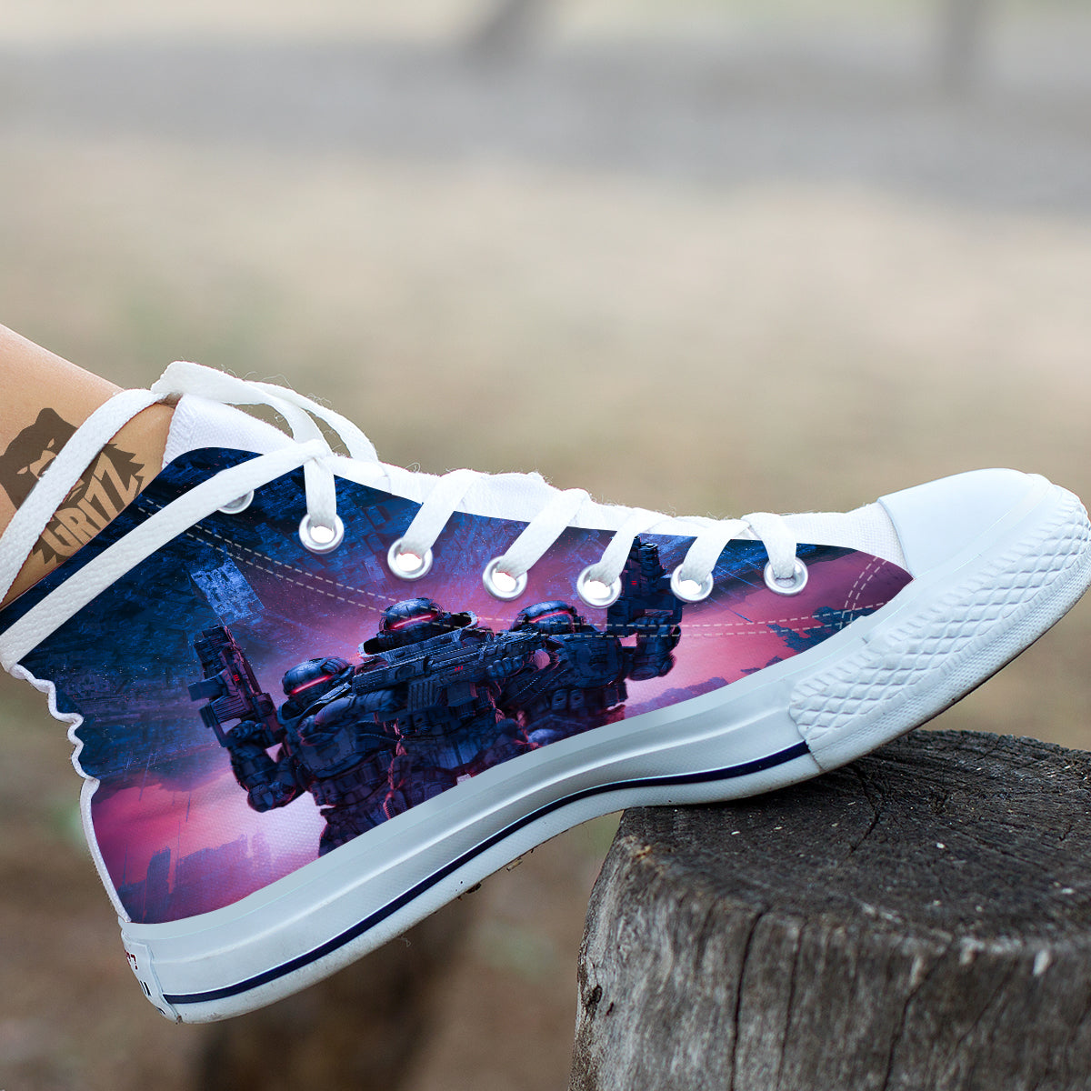Soldiers Cyberpunk Print White High Top Shoes-grizzshop