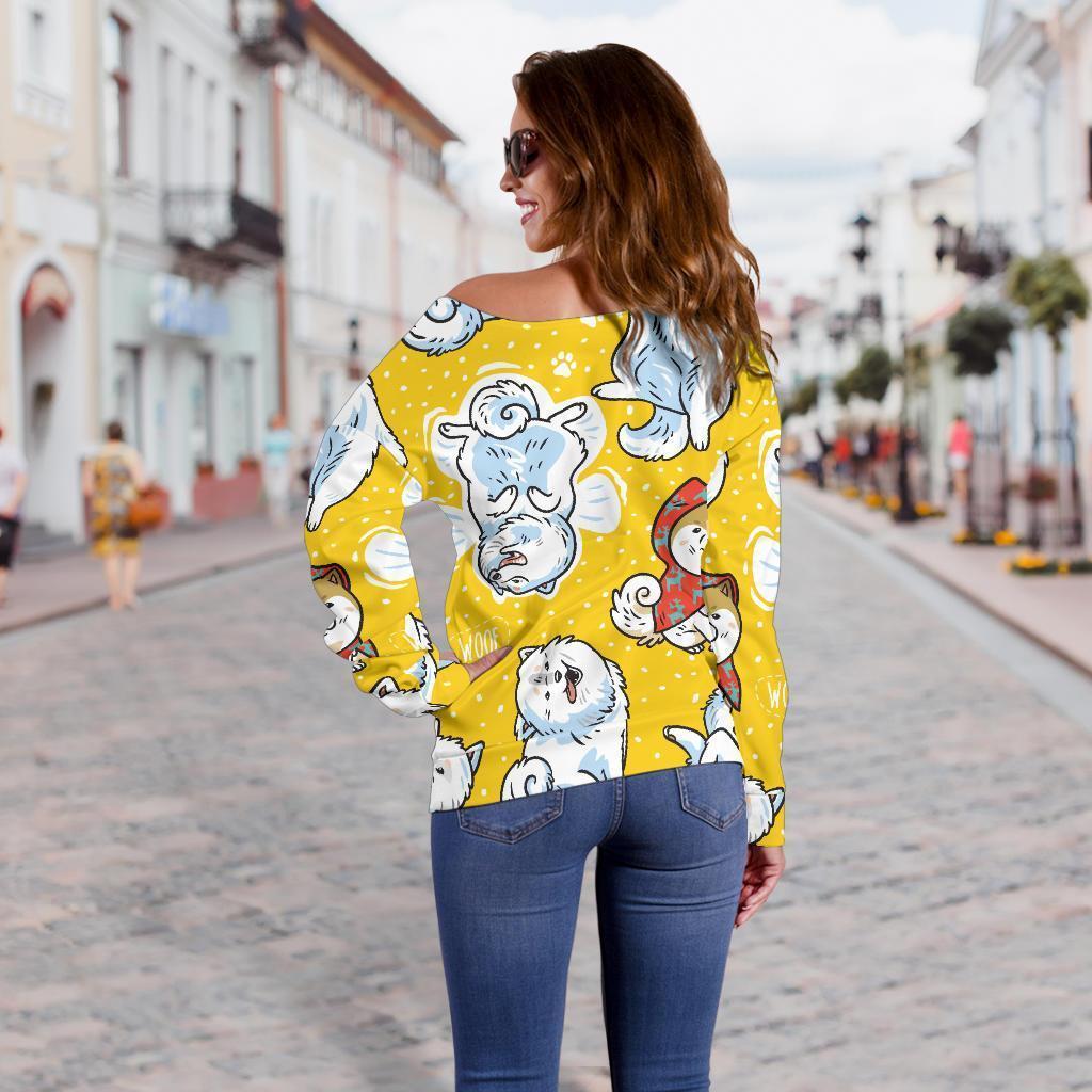 Somoyed Dog Pattern Print Women Off Shoulder Sweatshirt-grizzshop