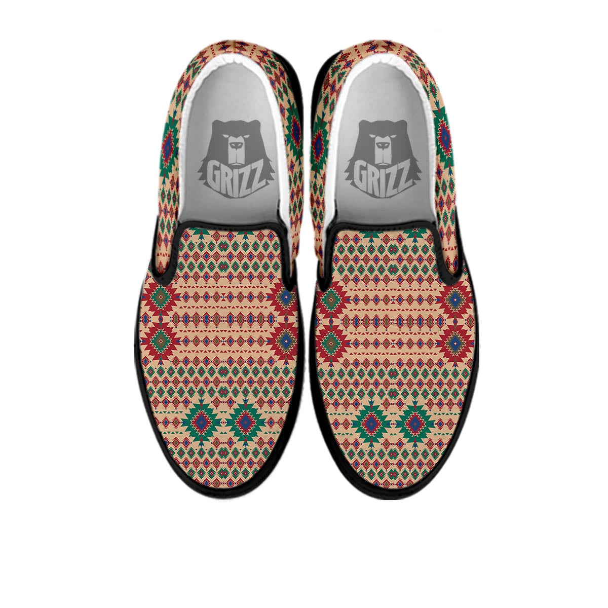Southwestern Beige And Red Print Pattern Black Slip On Shoes-grizzshop