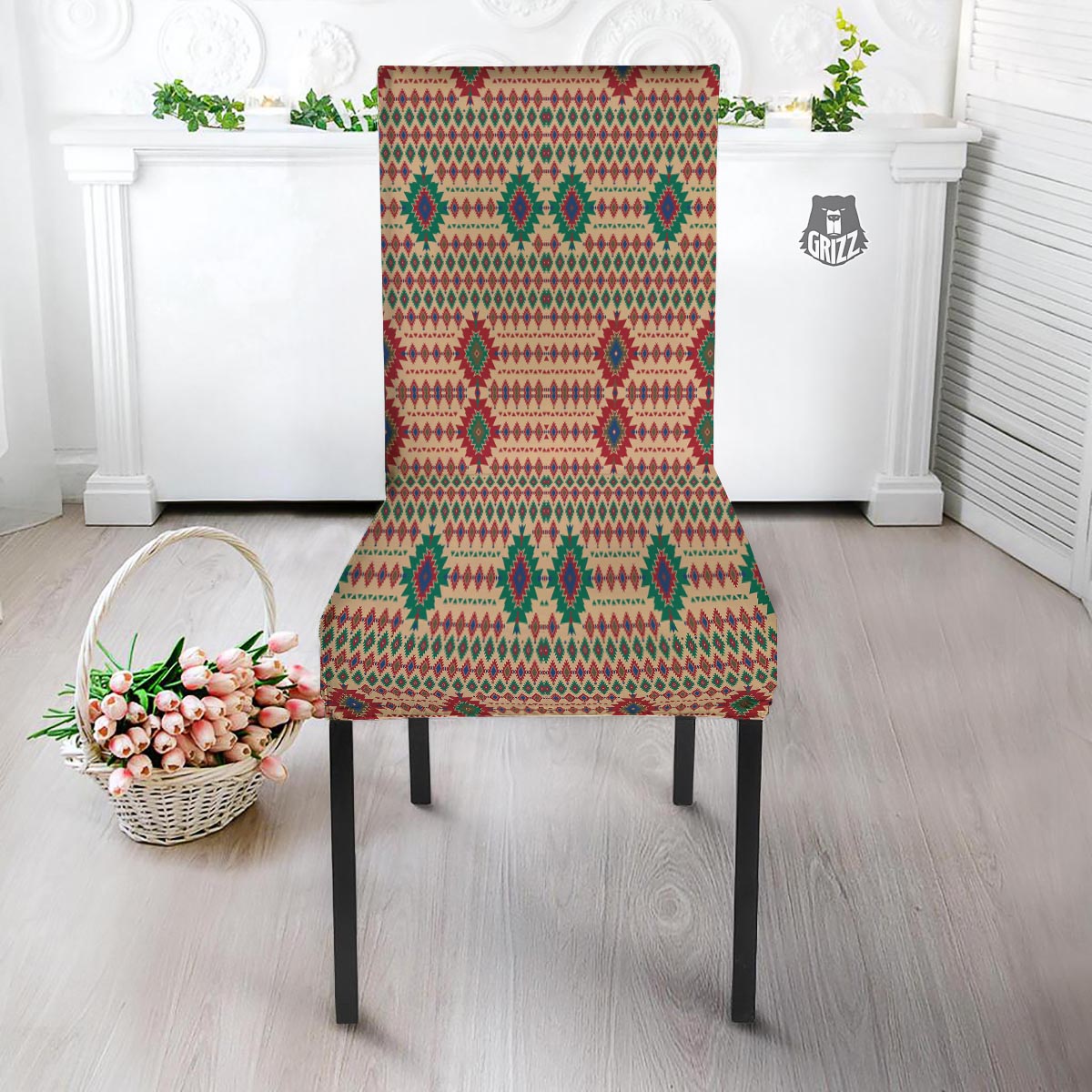 Southwestern Beige And Red Print Pattern Dining Chair Slipcover-grizzshop