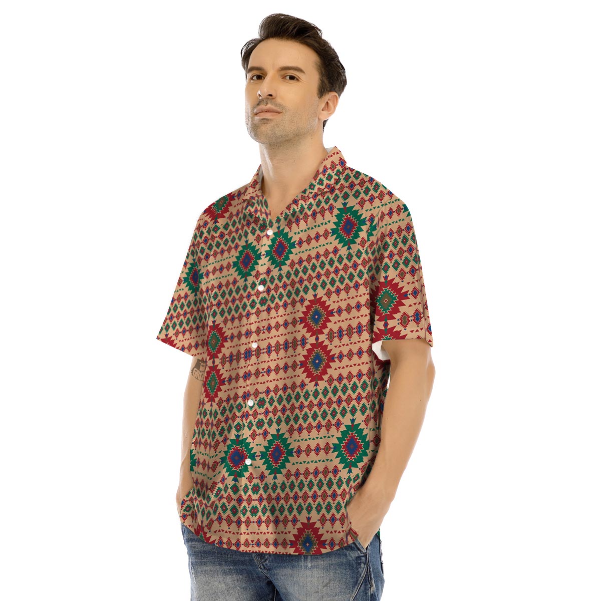Southwestern Beige And Red Print Pattern Men's Hawaiian Shirt-grizzshop
