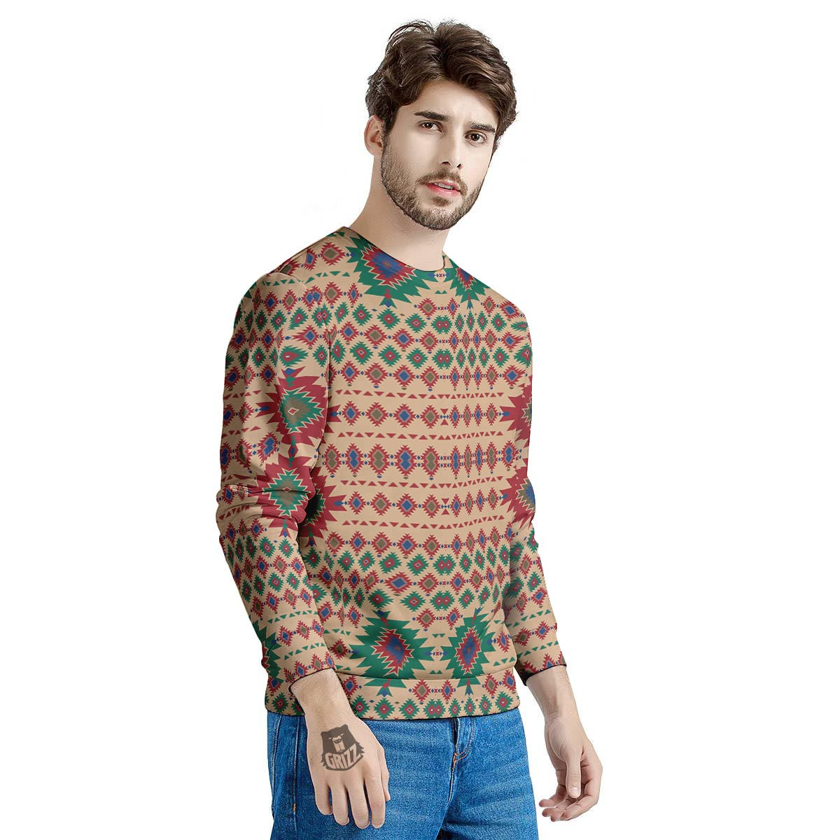 Southwestern Beige And Red Print Pattern Men's Sweatshirt-grizzshop