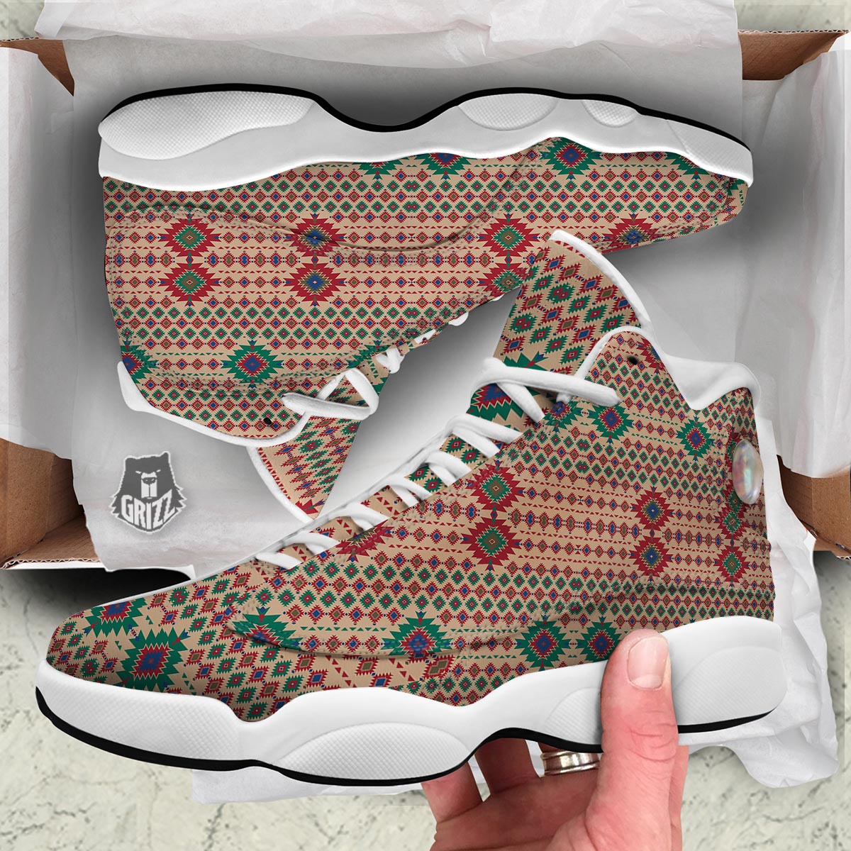 Southwestern Beige And Red Print Pattern White Basketball Shoes-grizzshop