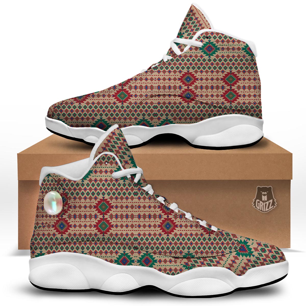 Southwestern Beige And Red Print Pattern White Basketball Shoes-grizzshop