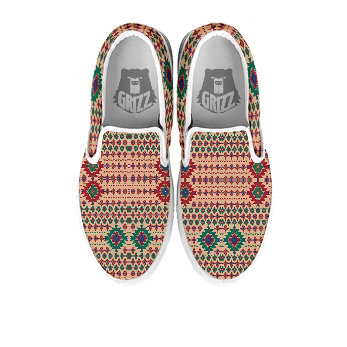 Southwestern Beige And Red Print Pattern White Slip On Shoes-grizzshop