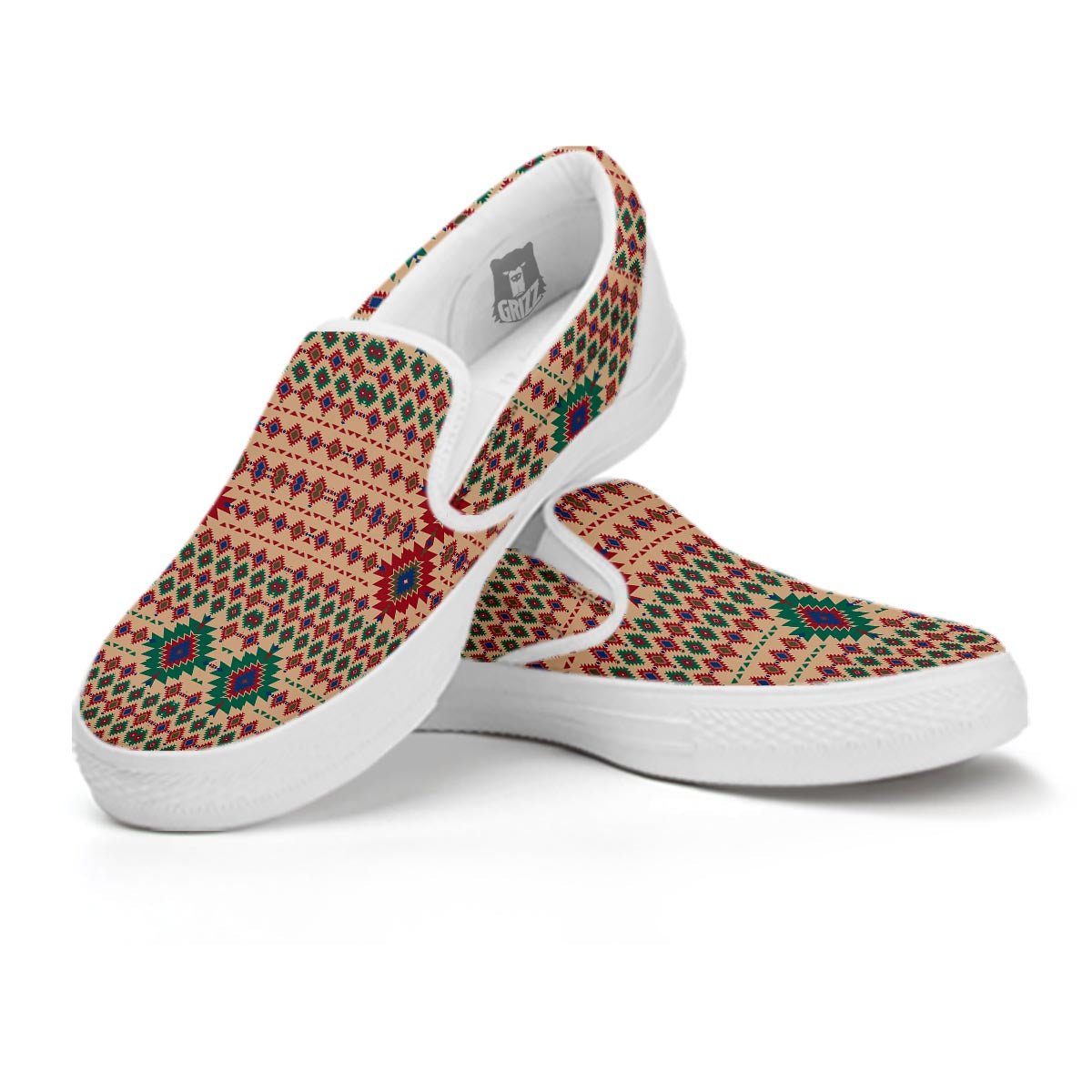 Southwestern Beige And Red Print Pattern White Slip On Shoes-grizzshop