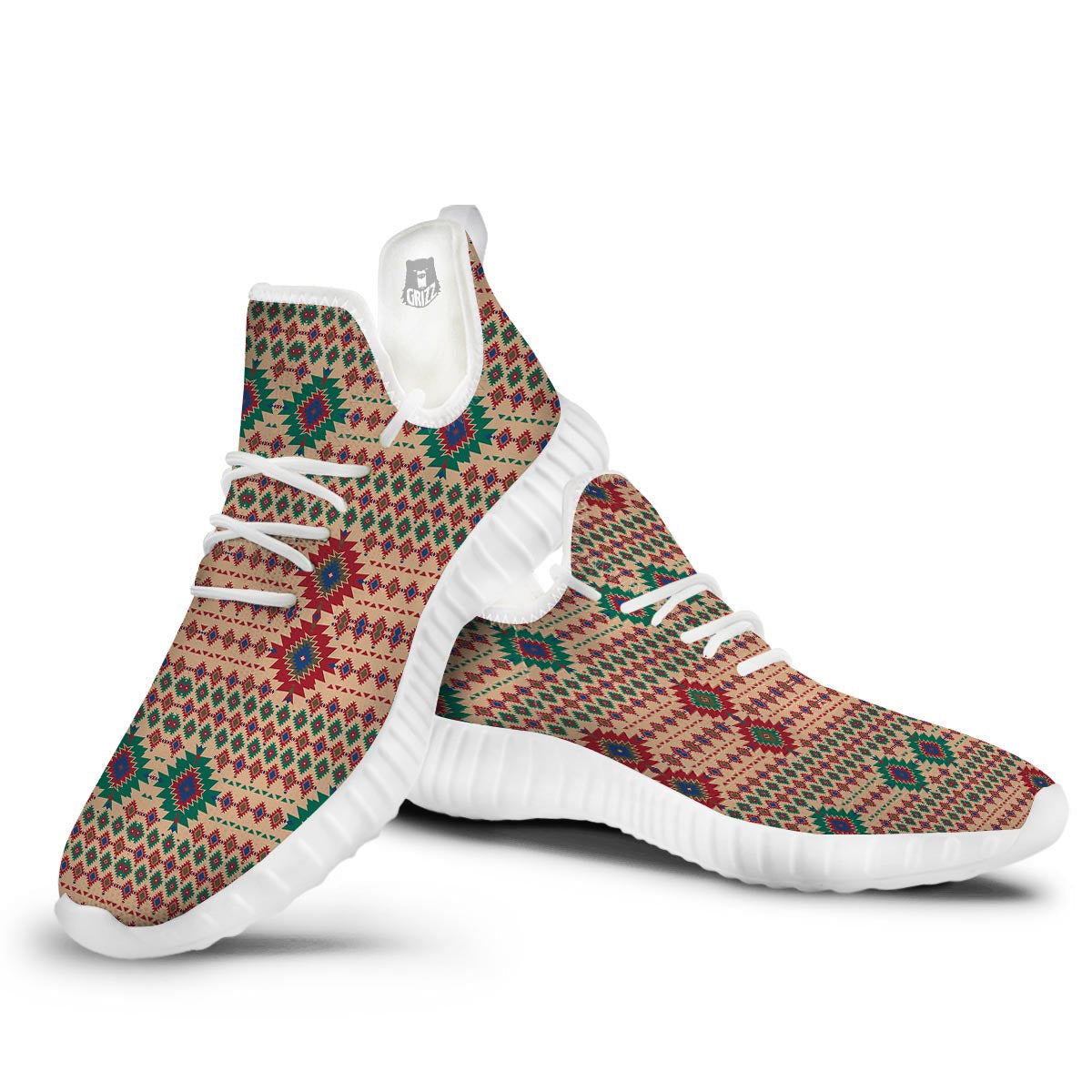 Southwestern Beige And Red Print Pattern White Walking Shoes-grizzshop