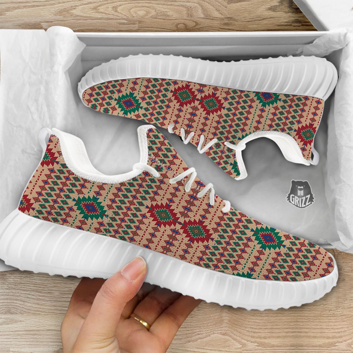 Southwestern Beige And Red Print Pattern White Walking Shoes-grizzshop