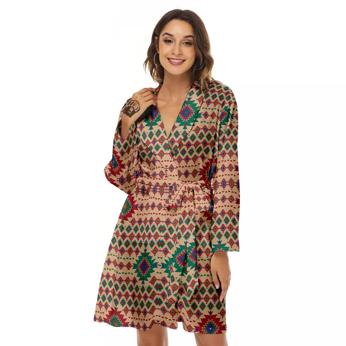Southwestern Beige And Red Print Pattern Women's Robe-grizzshop