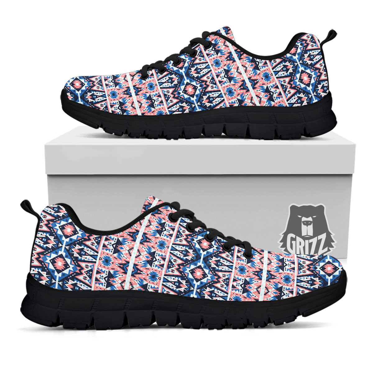 Southwestern Blue And Pink Print Pattern Black Sneaker-grizzshop