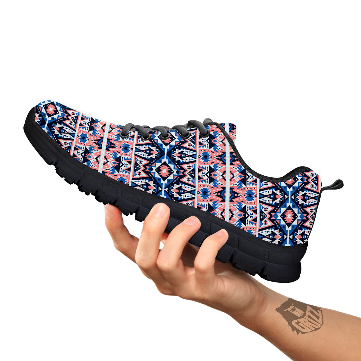 Southwestern Blue And Pink Print Pattern Black Sneaker-grizzshop