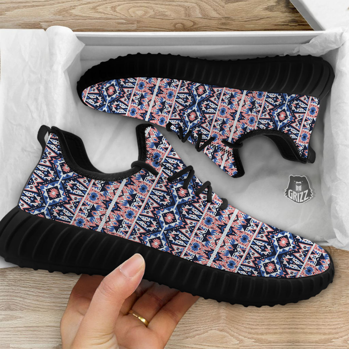 Southwestern Blue And Pink Print Pattern Black Walking Shoes-grizzshop