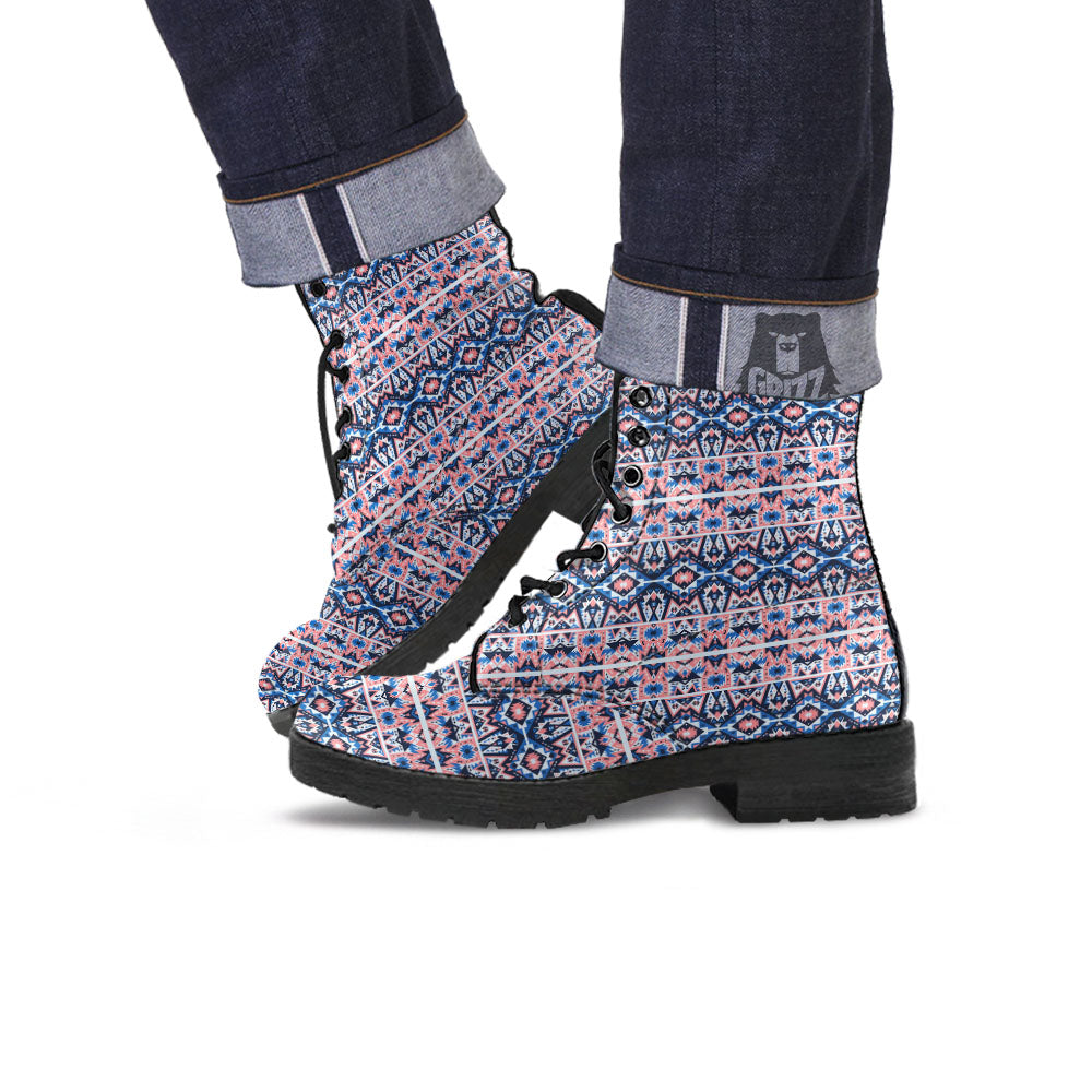 Southwestern Blue And Pink Print Pattern Leather Boots-grizzshop