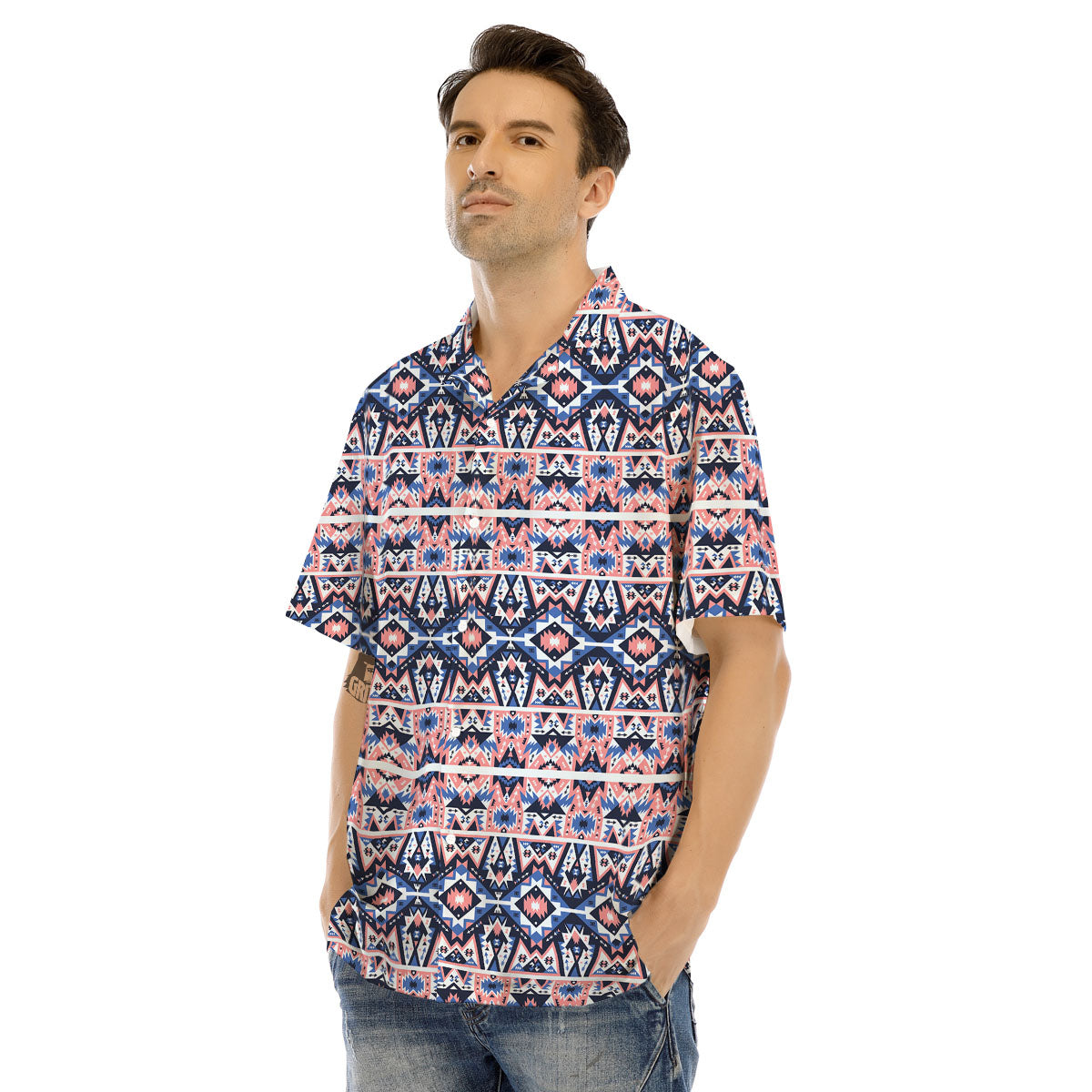 Southwestern Blue And Pink Print Pattern Men's Hawaiian Shirt-grizzshop