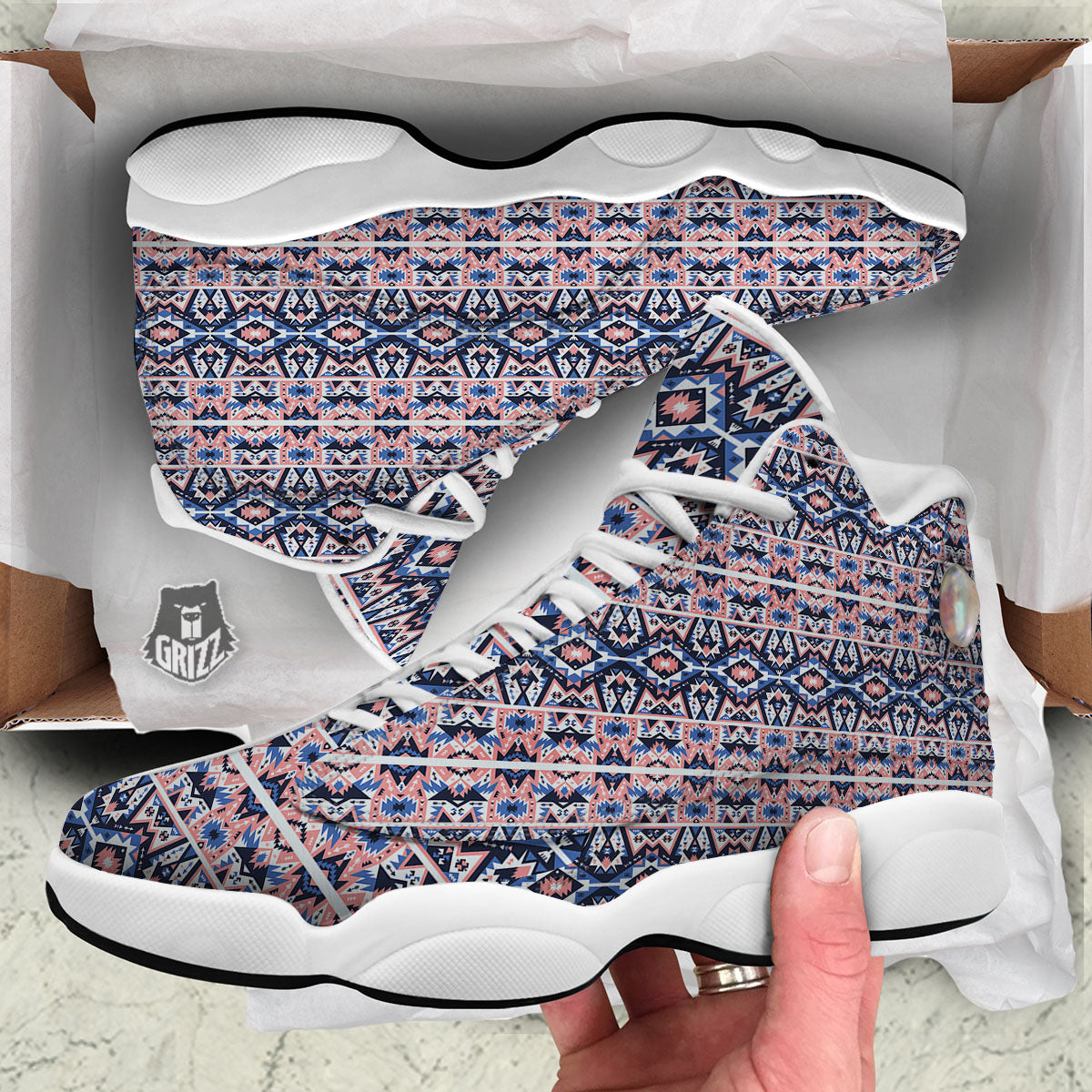 Southwestern Blue And Pink Print Pattern White Basketball Shoes-grizzshop