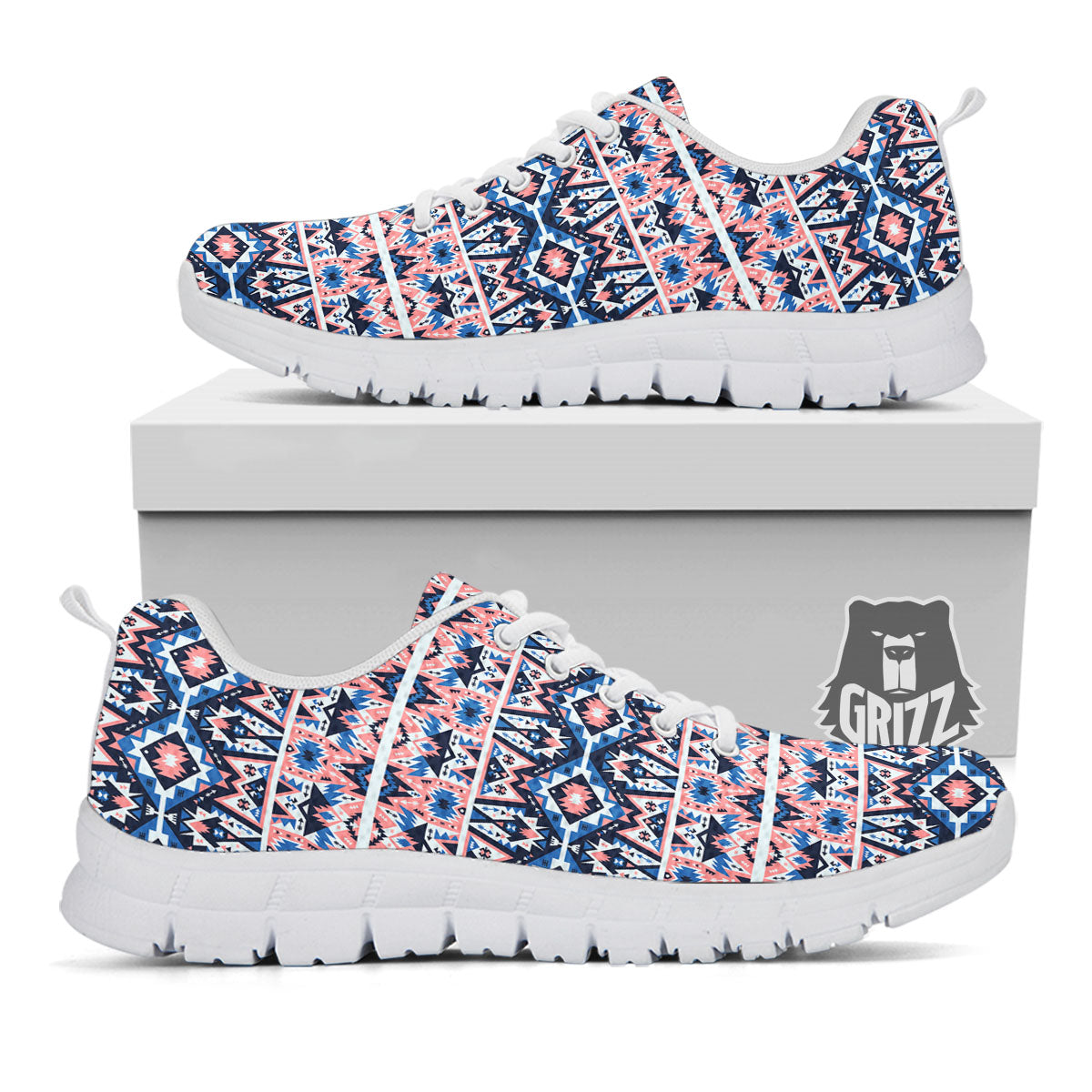 Southwestern Blue And Pink Print Pattern White Sneaker-grizzshop