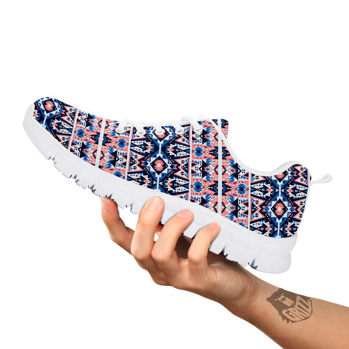 Southwestern Blue And Pink Print Pattern White Sneaker-grizzshop